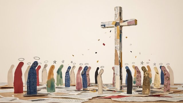 Paper cutout showing a large cross surrounded by small figures of people with halos in a prayerful or worshipful setting