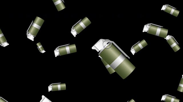 Smoke, flash or Grenade Falling down on Transparent Alpha background Animation. Falling flashbang grenades. Hand stun grenade Rain. Dropping bombs animation. 4K Seamless loop.