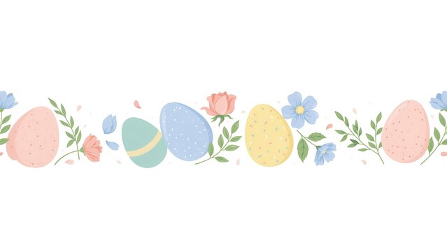 Seamless horizontal border featuring colorful easter eggs decorated with floral patterns and green leaves on white background