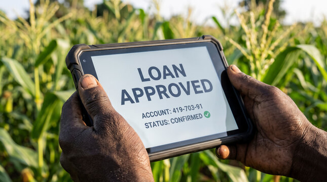 Farmer holding rugged tablet displaying instant micro loan approval status in cornfield