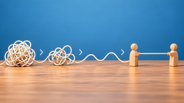 Wooden figures straightening a tangled rope representing problem solving conflict resolution and business process simplification