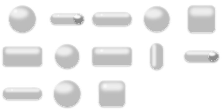 Glossy interface button and shape set containing circular orbs rounded rectangles capsule switches and square tiles with reflective highlights and soft drop shadows for digital user interface design