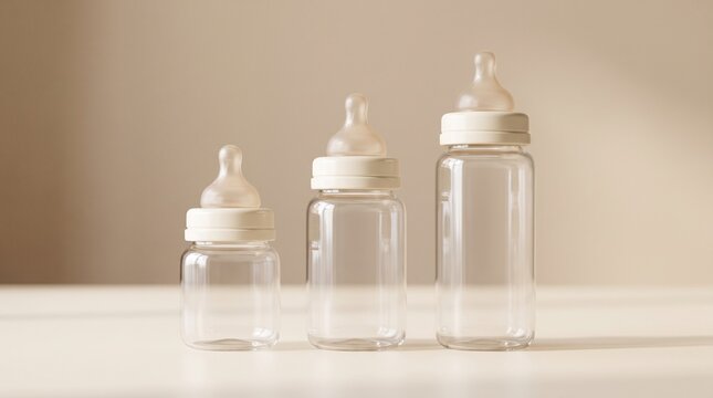 Three Empty Glass Baby Feeding Bottles on Neutral Surface