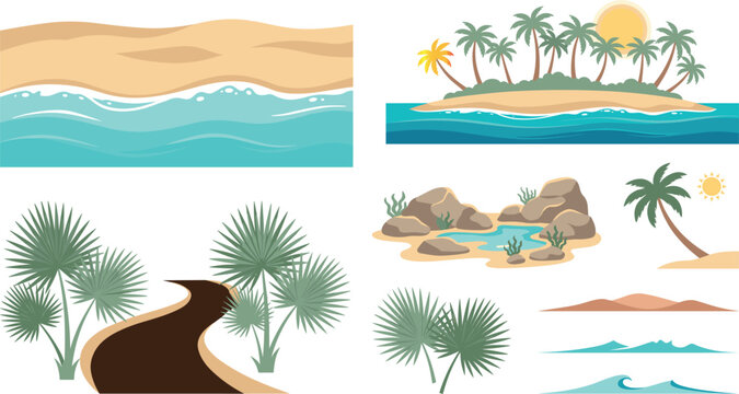 Tropical Island and Beach Landscape Vector Illustration Elements Set with Palm Trees Ocean Waves Sand Dunes and Oasis Graphics for Summer Designs