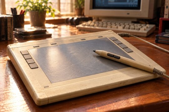 Vintage graphics tablet and stylus on wooden desk