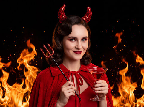 Glamorous Devil Woman with Trident Against Flames