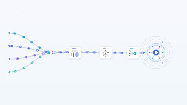 Artificial Intelligence Network Flow Animation Showing Data Processing Nodes and Digital Connections on Clean White Background