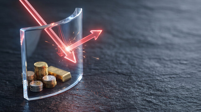 Red glowing arrow deflecting off a glass shield protecting gold and coins, ideal for wealth preservation, risk management and financial protection