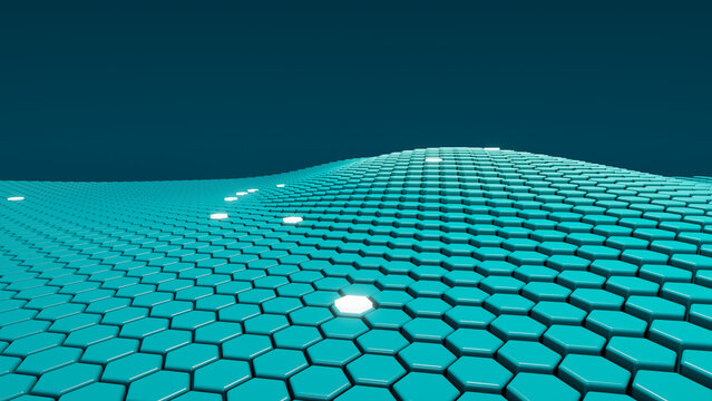 Teal hexagonal tech surface background, 3D render