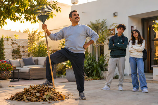 Egyptian Father Posing Proudly With Rake In Modern Villa Compound