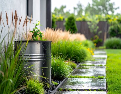 雨上がりの庭と雨水タンクのサステナブルな景観