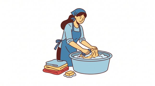 Housewife Washing Clothes by Hand in Laundry Basin Flat Clipart Isolated on White Background