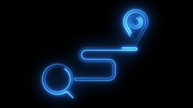 Neon map route with location pin marker glowing against black background in motion clip.