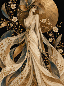 Elegant Art Deco Woman in Flowing Ivory and Gold Gown Surrounded by Golden Flowers