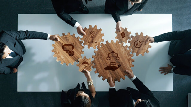 Ethical Collaboration in Business Decision Making with Wooden Gears and Legal Scales Symbolizing AI, Technology, and Governance Principles. Amity