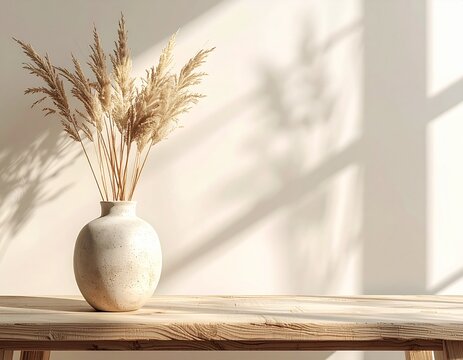 自然光に映える陶器の花瓶とドライグラス