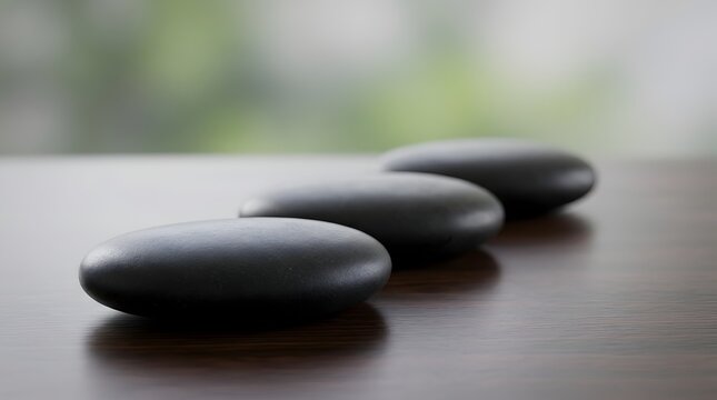 Row of Smooth Black Zen Stones on Dark Wooden Table Background with Soft Green Nature Bokeh for Wellness, Spa, Meditation, and Mindfulness Concept