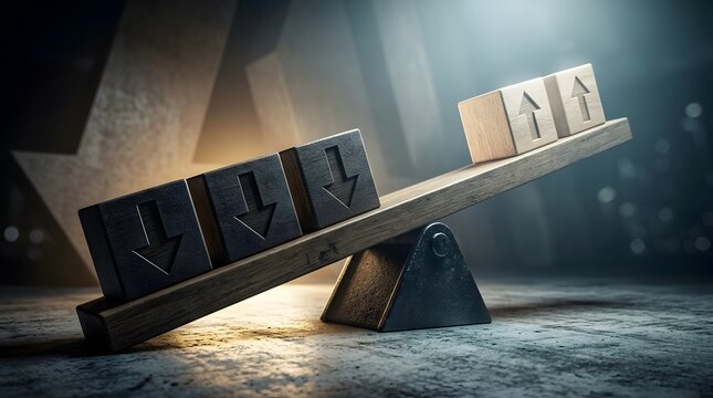 Symbolic representation of economic downturn and financial loss with dark blocks featuring downward arrows outweighing positive growth cubes on a wooden seesaw lever in a cinematic studio.