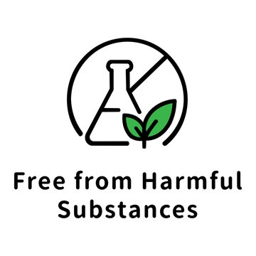 有害物質フリー・化学物質不使用のアイコンピクトグラムと文字 Toxic free and chemical free icon pictograph