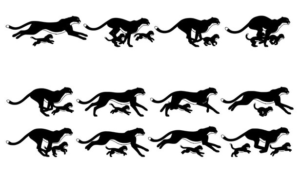 Mother Cheetah and Two Cubs Running Animation Sprite Sheet in Flat Vector Style