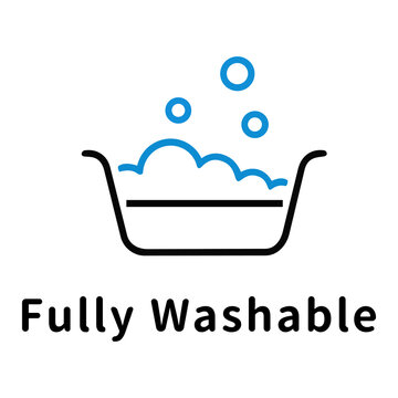 丸洗いOK・洗濯桶と泡のアイコンピクトグラムと文字 Washable and laundry icon pictograph with bubbles