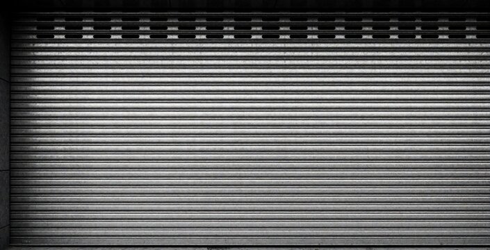 Close up view of closed metal roller shutter door. Silver steel security gate with striped pattern texture. Industrial warehouse entrance shop storefront background. Grey aluminum rolling shutter