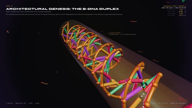 Cinematic 3D animation of DNA life cycle featuring molecular stereochemistry, B-DNA duplex architecture, chromatin compaction, epigenetics, replication fork, and transcription engine in high-tech HUD