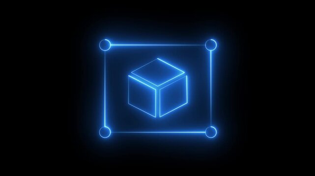 neon 3D cube inside dashed selection frame icon for object selection, transform tool, bounding box, 3D modeling, graphic design editor