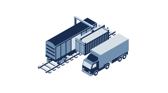 Freight truck and railway car transport cargo containers efficiently.