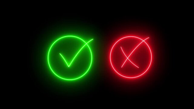 Glowing green checkmark and red cross neon icons for correct and incorrect, true or false, pass or fail, validation, approval