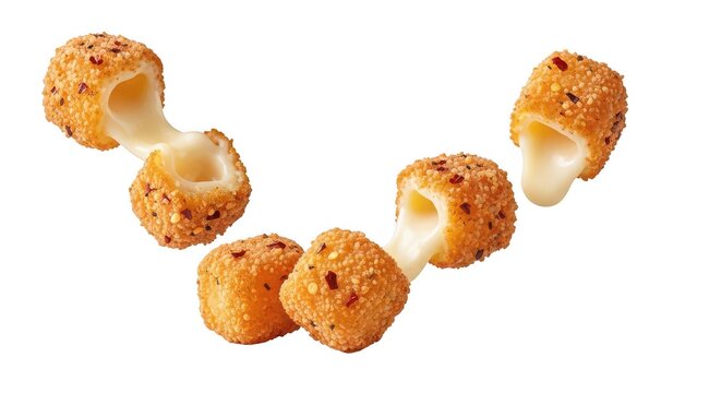 Fried mac and cheese balls with bite on black background
