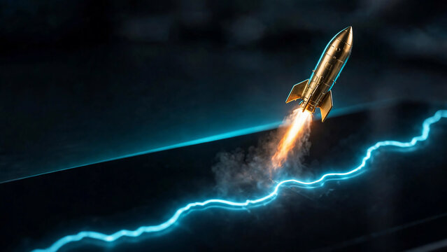Golden rocket launching over glowing blue neon trend line on dark background, ideal for business startup, finance blogs and marketing promotions