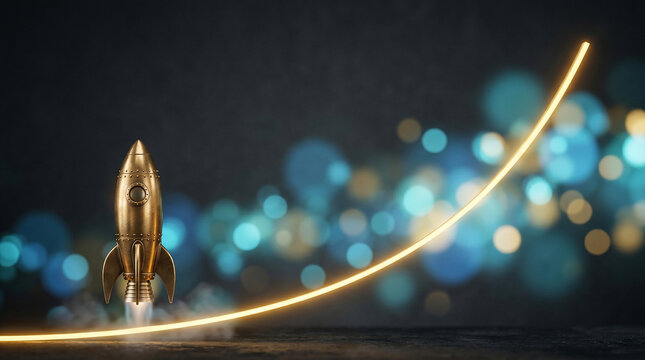 Golden rocket with glowing trajectory line on dark background, ideal for startup launch, business growth and financial success