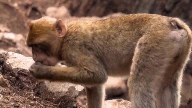 Closeup rear view of a barbary macaque monkey showing its ischial callosities and tail in a natural forest environment