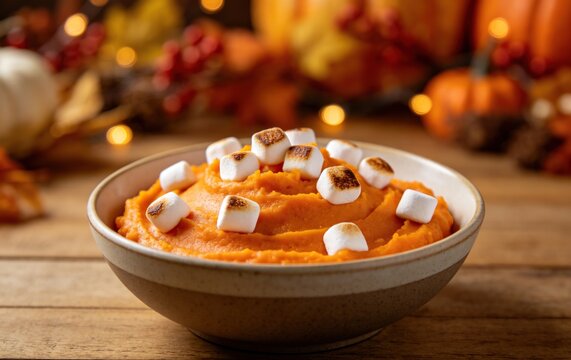 Bowl of Mashed Sweet Potatoes, Orange Texture Mini Marshmallows