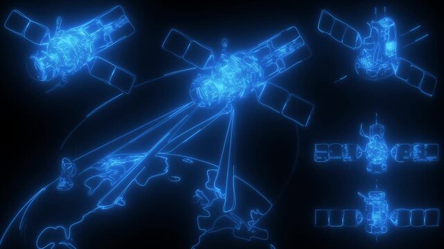 Futuristic satellite network orbiting earth with glowing blue data