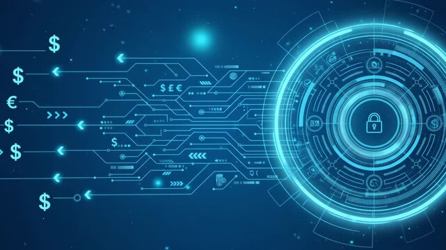 Technology network connecting financial currency symbols within digital security system interface glowing blue background for online banking safety data protection concept.