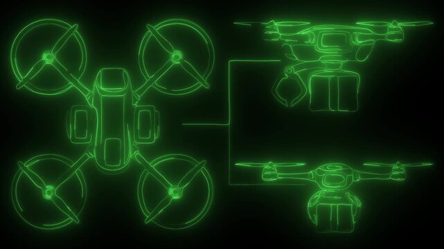 Neon green wireframe animation of quadcopter drone in multiple angles