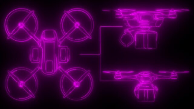 Glowing Magenta Neon Drone Quadcopter Line Animation Background Loop