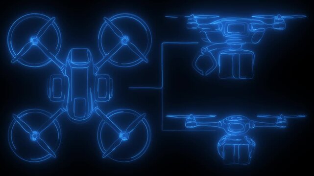 Quadcopter drone wireframe animation illustrating mechanical design