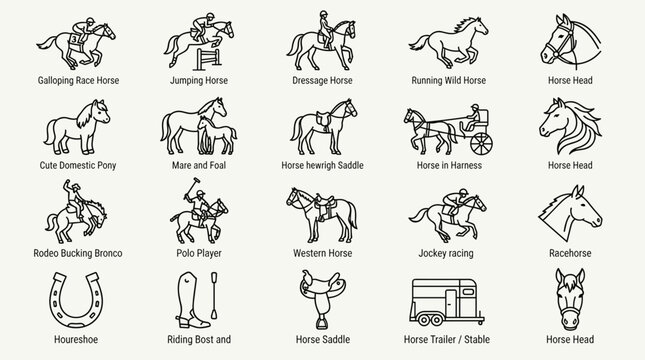 Horse and equestrian line icon set with jumping dressage racehorse saddle horseshoe pony and rider symbols for riding club designs