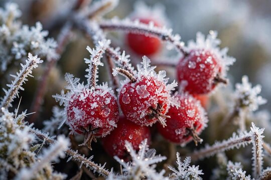 Extreme macro of frost-covered red winter berries with ice crystals