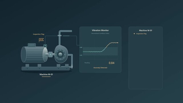 4K industrial condition monitoring animation showing a motor vibration anomaly triggering inspection, a technician maintenance work order and verified normal vibration after service