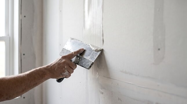 Worker applying joint compound to drywall seam