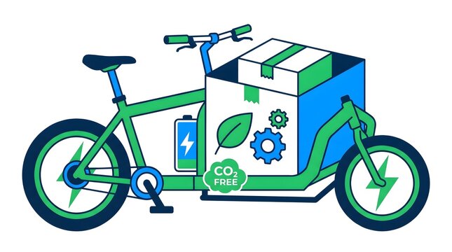 Green cargo bike icon featuring electric motor and leaf symbol for sustainable delivery service logistics.