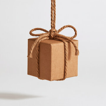 A simple kraft paper box, tied with twine and hanging suspended in the air, evokes a sense of handmade charm and eco-conscious packaging.