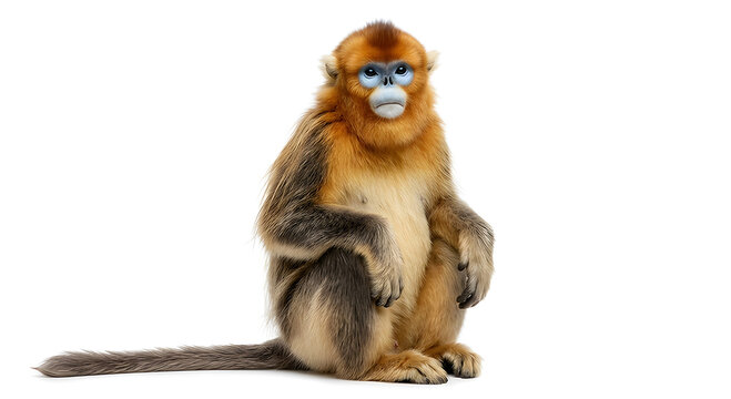 Golden snub-nosed monkey with orange fur and blue face sitting and looking at the camera isolated on a white background
