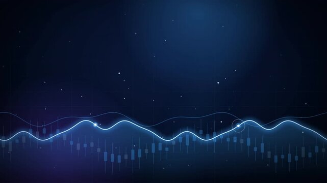 Abstract digital background with glowing blue wave lines and financial trading chart elements.
