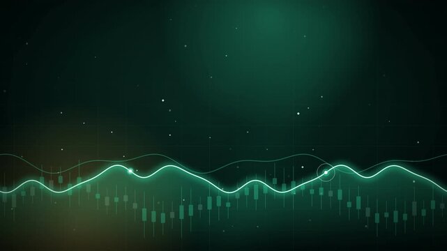 Abstract financial trading background with glowing green candlestick chart and wavy lines.