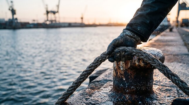 Dock worker secures rope to bollard at sunrise